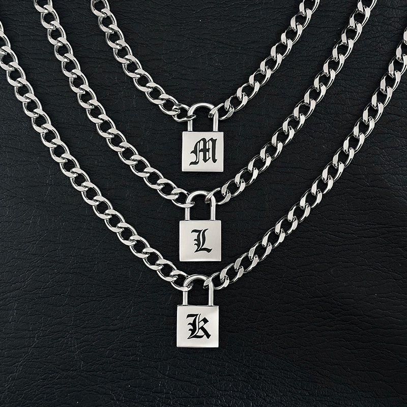 Stainless Steel Old English Letters Lock pendant with Cuban Chain