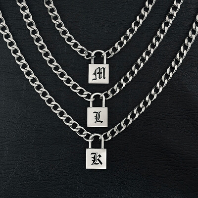 Stainless Steel Old English Letters Lock pendant with Cuban Chain