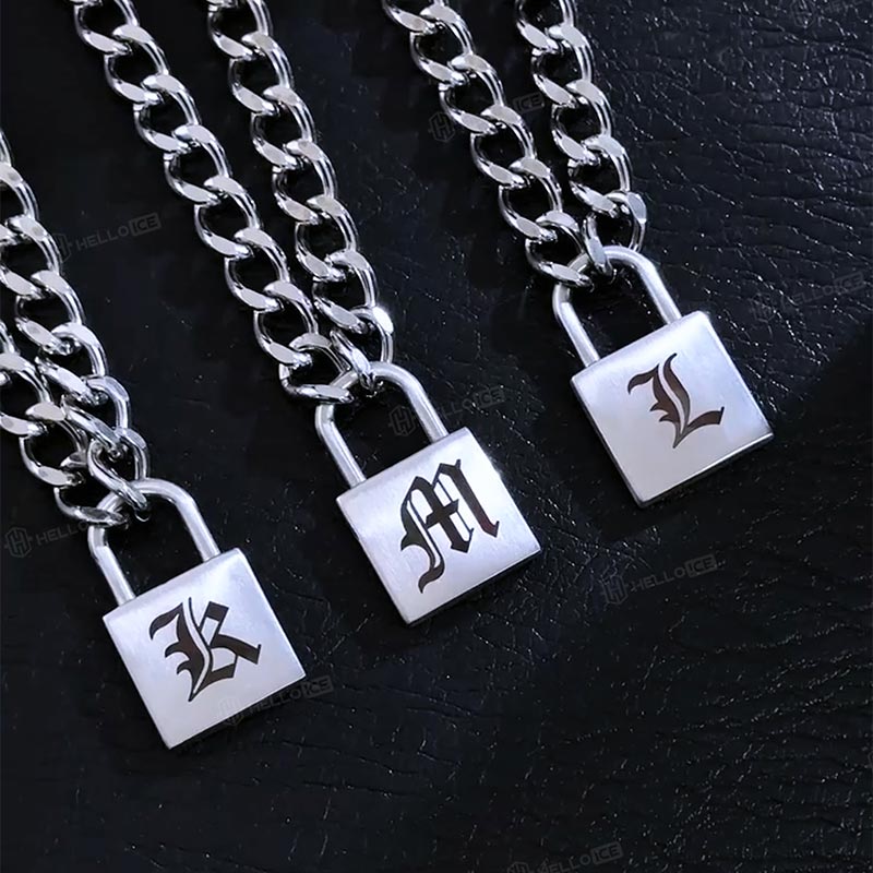 Stainless Steel Old English Letters Lock pendant with Cuban Chain