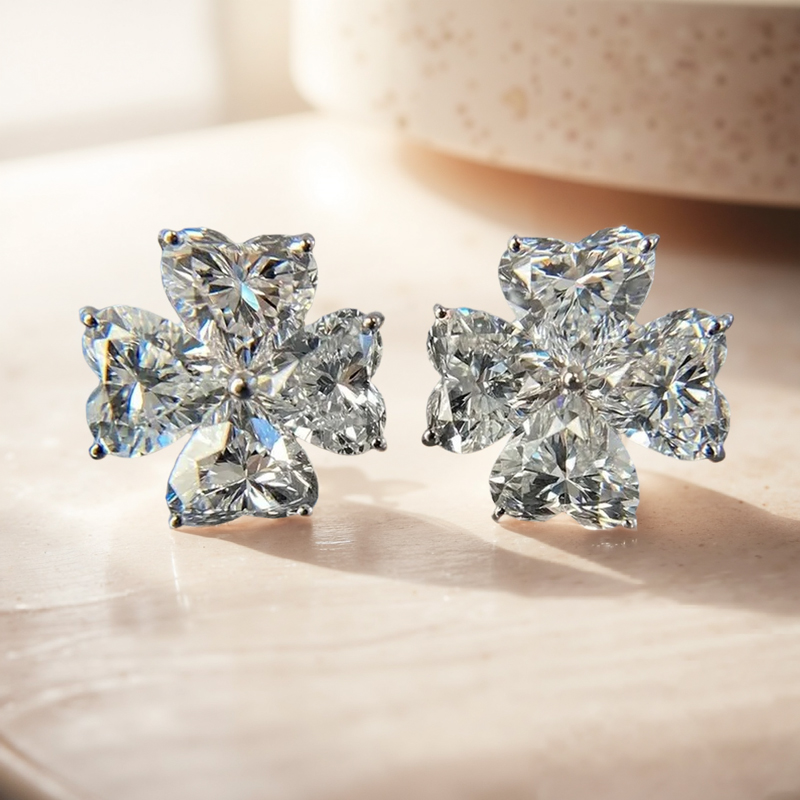 Four Leaf Clover Heart Cut VVS Moissanite S925 Silver Earrings