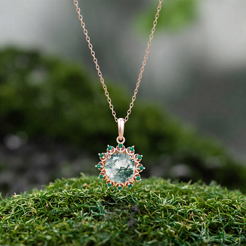 1.06CT Round Cut Moss Agate With Emerald Halo Accents S925 Silver Pendant Necklace