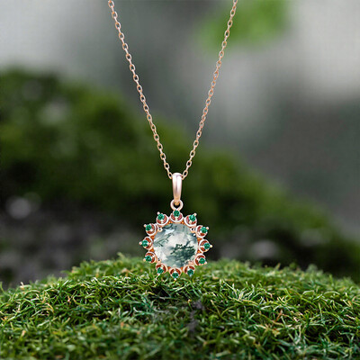 1.06CT Round Cut Moss Agate With Emerald Halo Accents S925 Silver Pendant Necklace