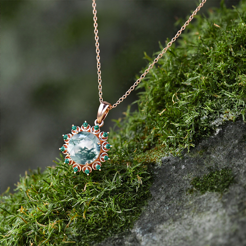 1.06CT Round Cut Moss Agate With Emerald Halo Accents S925 Silver Pendant Necklace