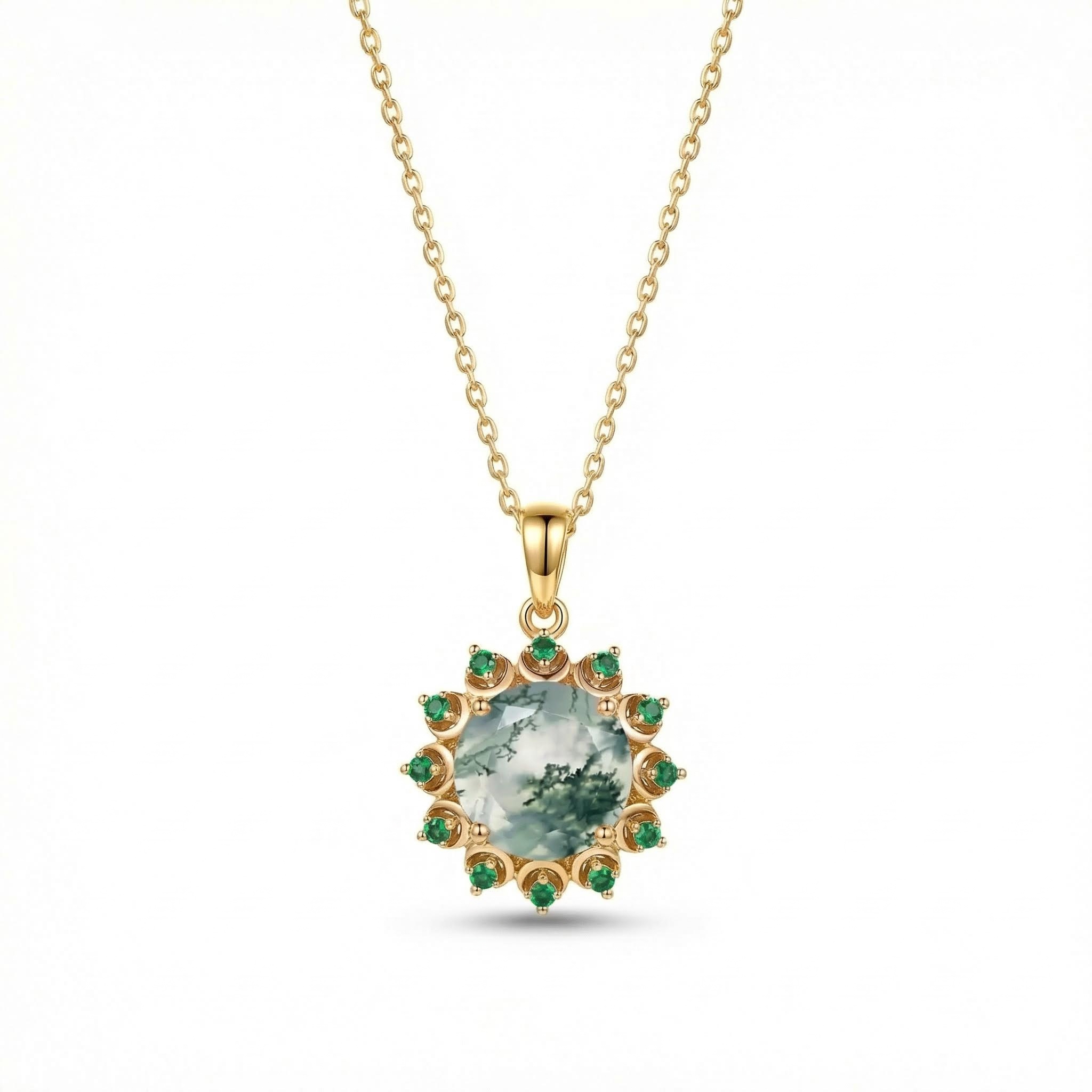 1.06CT Round Cut Moss Agate With Emerald Halo Accents S925 Silver Pendant Necklace