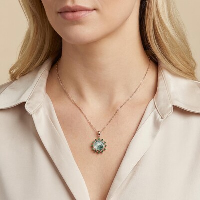 1.06CT Round Cut Moss Agate With Emerald Halo Accents S925 Silver Pendant Necklace