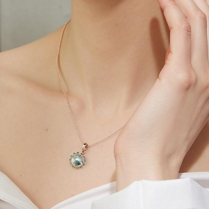 1.06CT Round Cut Moss Agate With Emerald Halo Accents S925 Silver Pendant Necklace