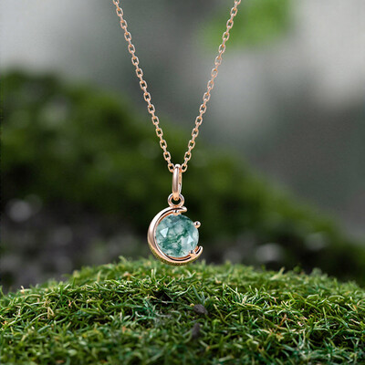 1CT Round Cut Moss Agate S925 Silver Pendant Necklace