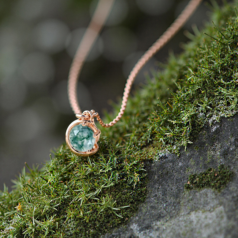 1CT Round Cut Moss Agate S925 Silver Pendant Necklace