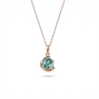 1CT Round Cut Moss Agate S925 Silver Pendant Necklace