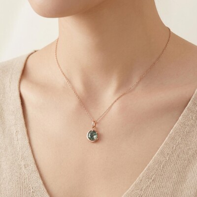 1CT Round Cut Moss Agate S925 Silver Pendant Necklace