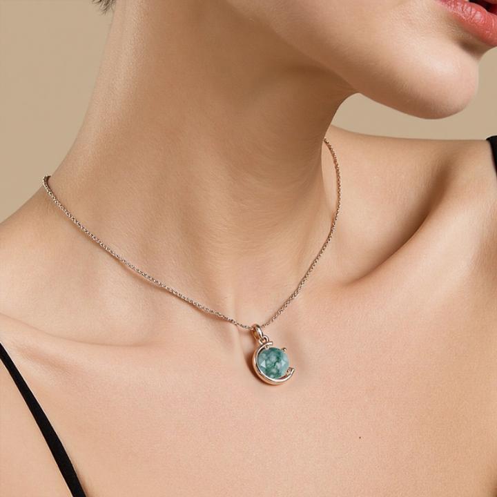 1CT Round Cut Moss Agate S925 Silver Pendant Necklace