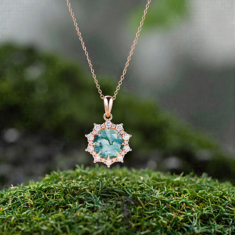 1.2CT Round Cut Moss Agate & Moissanite S925 Silver Gradual Halo Pendant Necklace