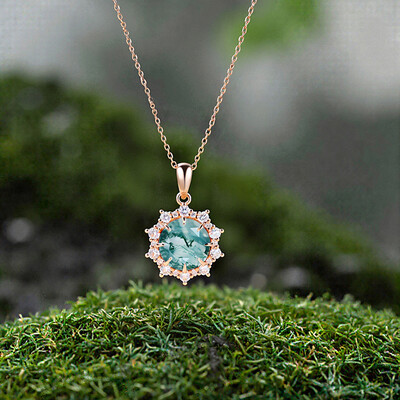 1.2CT Round Cut Moss Agate & Moissanite S925 Silver Gradual Halo Pendant Necklace