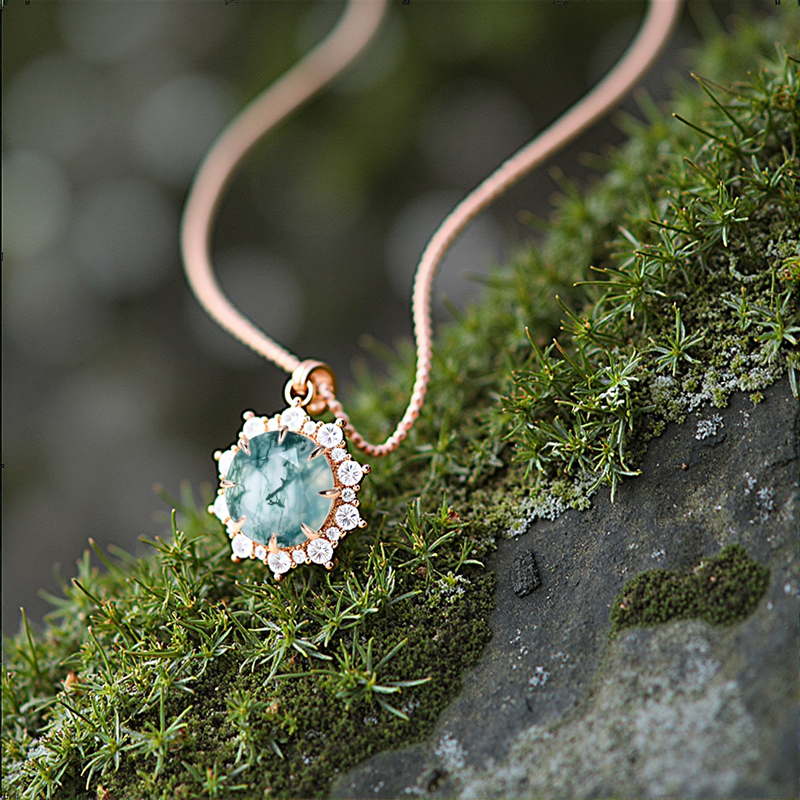 1.2CT Round Cut Moss Agate & Moissanite S925 Silver Gradual Halo Pendant Necklace