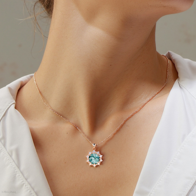 1.2CT Round Cut Moss Agate & Moissanite S925 Silver Gradual Halo Pendant Necklace