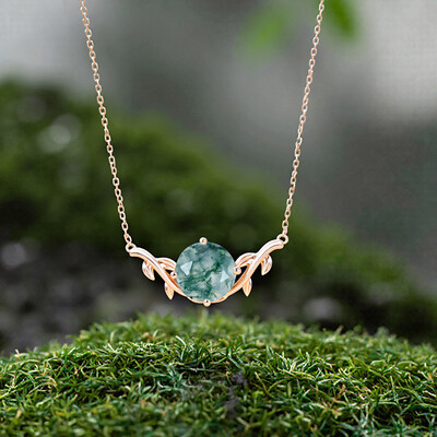 1CT Round Cut Moss Agate S925 Silver Branch Design Solitaire Pendant Necklace