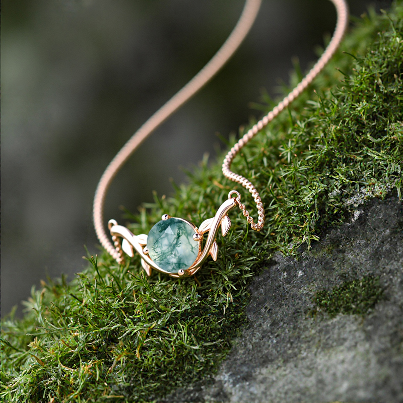 1CT Round Cut Moss Agate S925 Silver Branch Design Solitaire Pendant Necklace