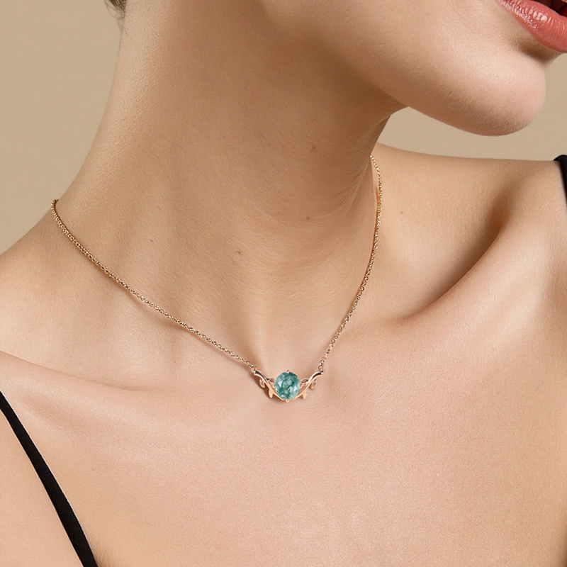 1CT Round Cut Moss Agate S925 Silver Branch Design Solitaire Pendant Necklace