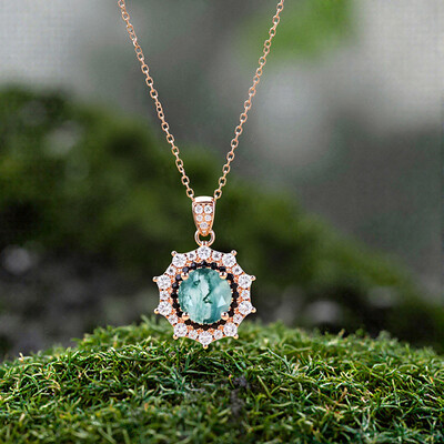 1.41CT Round Cut Moss Agate & Moissanite S925 Silver Double Halo Pendant Necklace
