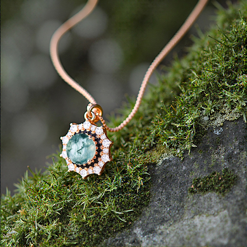 1.41CT Round Cut Moss Agate & Moissanite S925 Silver Double Halo Pendant Necklace