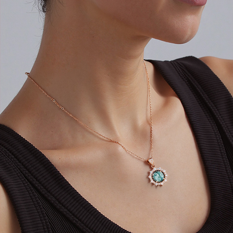 1.41CT Round Cut Moss Agate & Moissanite S925 Silver Double Halo Pendant Necklace