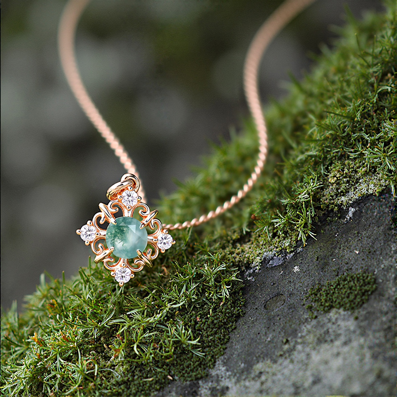 1.12CT Round Cut Moss Agate & Moissanite S925 Silver Filigree Pendant Necklace