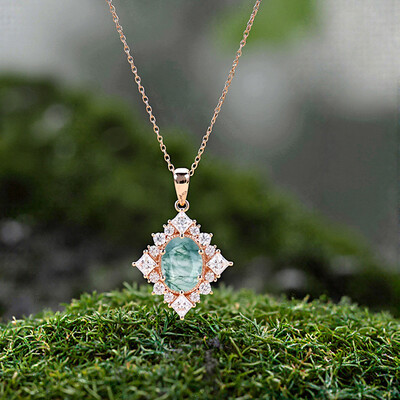 2.06CT Oval Cut Moss Agate & Princess Cut Moissanite S925 Silver Cluster Halo Pendant Necklace
