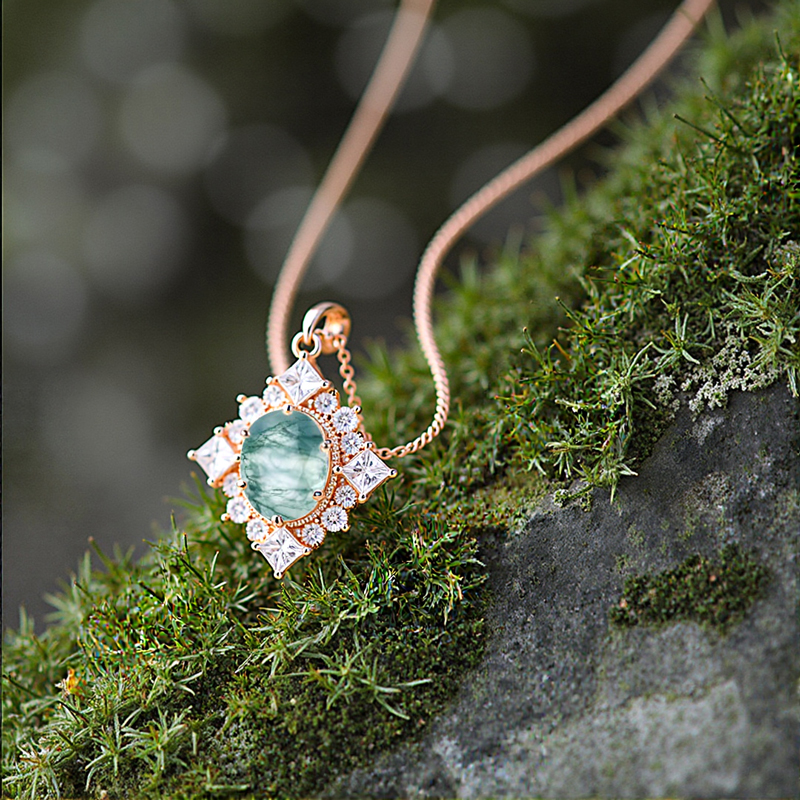 2.06CT Oval Cut Moss Agate & Princess Cut Moissanite S925 Silver Cluster Halo Pendant Necklace