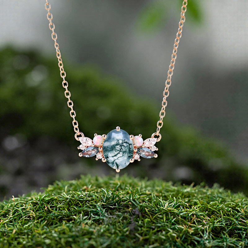 1.8CT Oval Cut Moss Agate Multi Gemstone S925 Silver Pendant Necklace