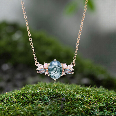 1.8CT Oval Cut Moss Agate Multi Gemstone S925 Silver Pendant Necklace