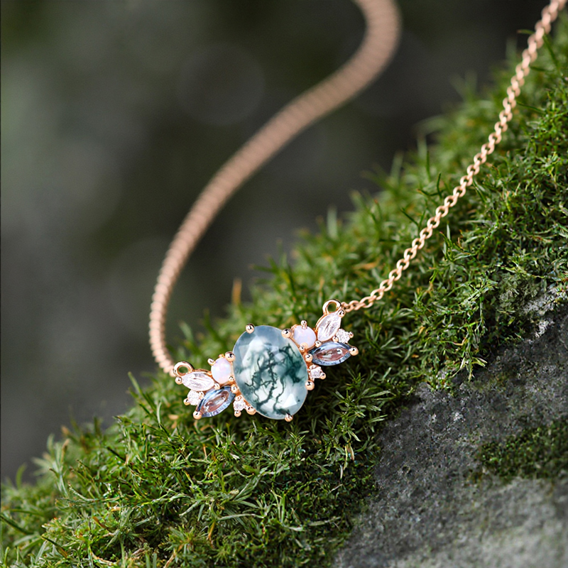 1.8CT Oval Cut Moss Agate Multi Gemstone S925 Silver Pendant Necklace