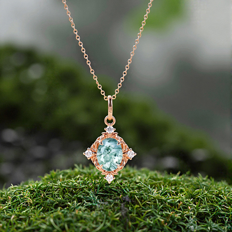 1.56CT Oval Cut Moss Agate & Round Cut Moissanite S925 Silver Art Nouveau Pendant Necklace