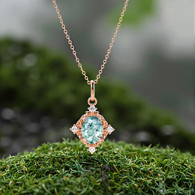 1.56CT Oval Cut Moss Agate & Round Cut Moissanite S925 Silver Art Nouveau Pendant Necklace
