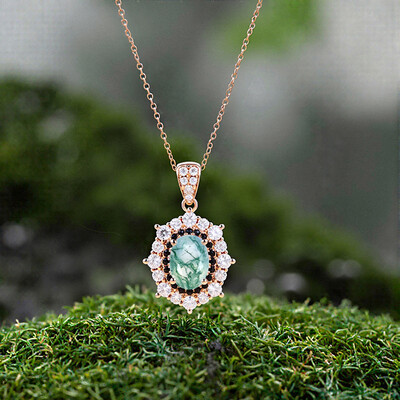 2CT Oval Cut Moss Agate & Round Cut Moissanite S925 Silver Double Halo Pendant Necklace