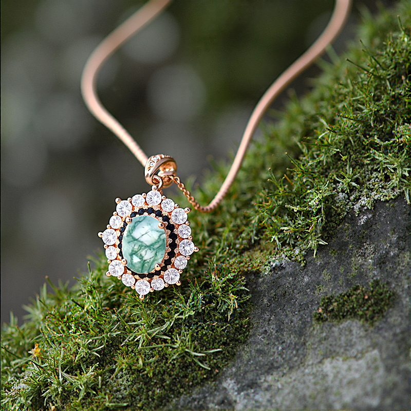 2CT Oval Cut Moss Agate & Round Cut Moissanite S925 Silver Double Halo Pendant Necklace