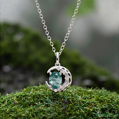 1.525CT Crescent Oval Cut Moss Agate & Round Cut Moissanite S925 Silver Pendant Necklace