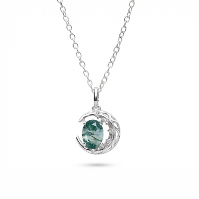 1.525CT Crescent Oval Cut Moss Agate & Round Cut Moissanite S925 Silver Pendant Necklace