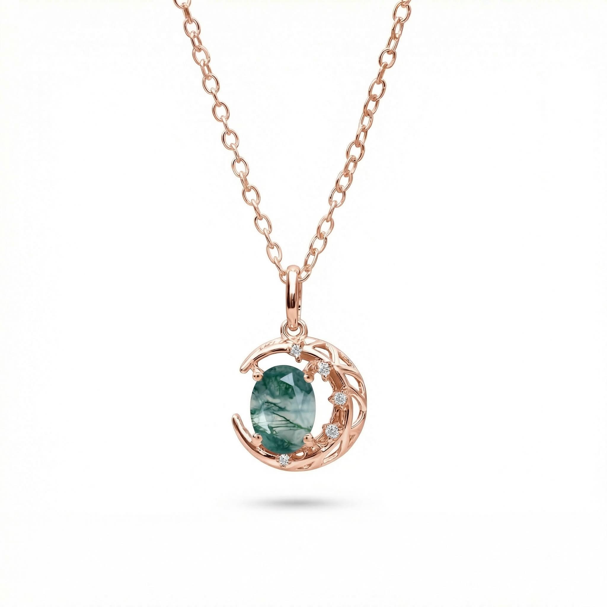 1.525CT Crescent Oval Cut Moss Agate & Round Cut Moissanite S925 Silver Pendant Necklace