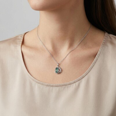 1.525CT Crescent Oval Cut Moss Agate & Round Cut Moissanite S925 Silver Pendant Necklace