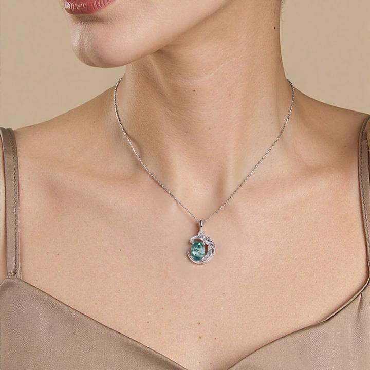 1.525CT Crescent Oval Cut Moss Agate & Round Cut Moissanite S925 Silver Pendant Necklace