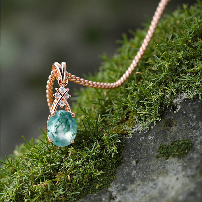 1.52CT Oval Cut Moss Agate With Criss Cross Moissanite S925 Silver Pendant Necklace