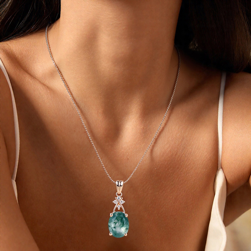 1.52CT Oval Cut Moss Agate With Criss Cross Moissanite S925 Silver Pendant Necklace