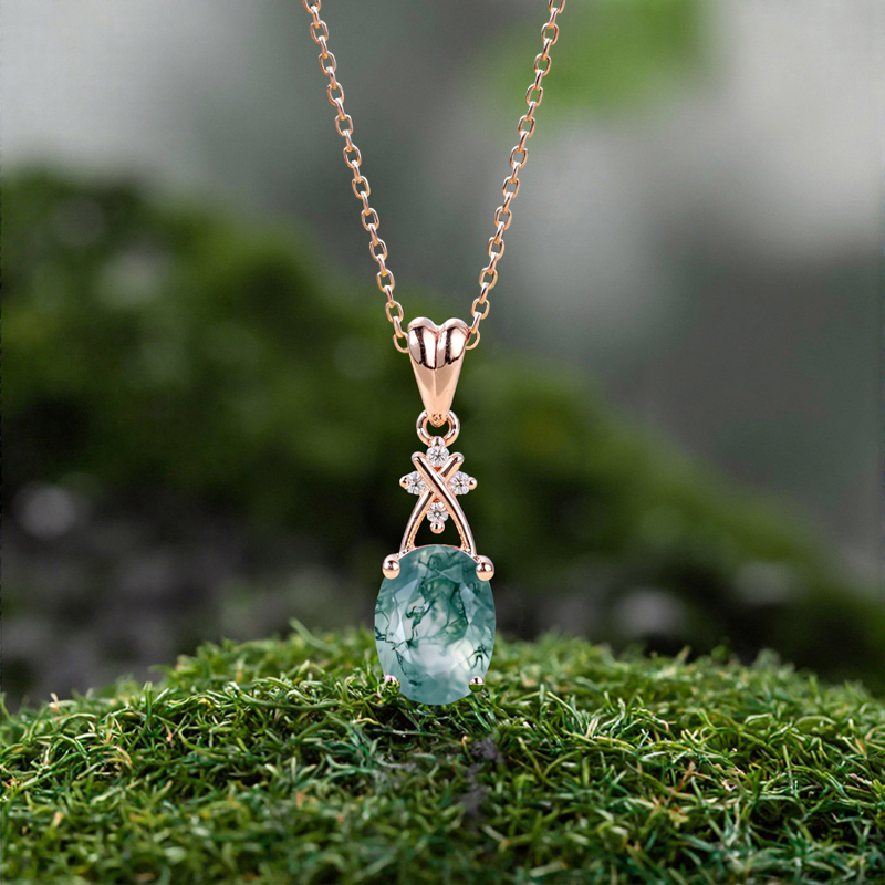 1.52CT Oval Cut Moss Agate With Criss Cross Moissanite S925 Silver Pendant Necklace