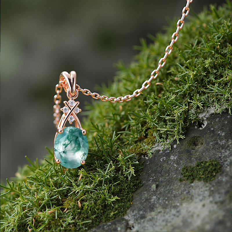 1.52CT Oval Cut Moss Agate With Criss Cross Moissanite S925 Silver Pendant Necklace