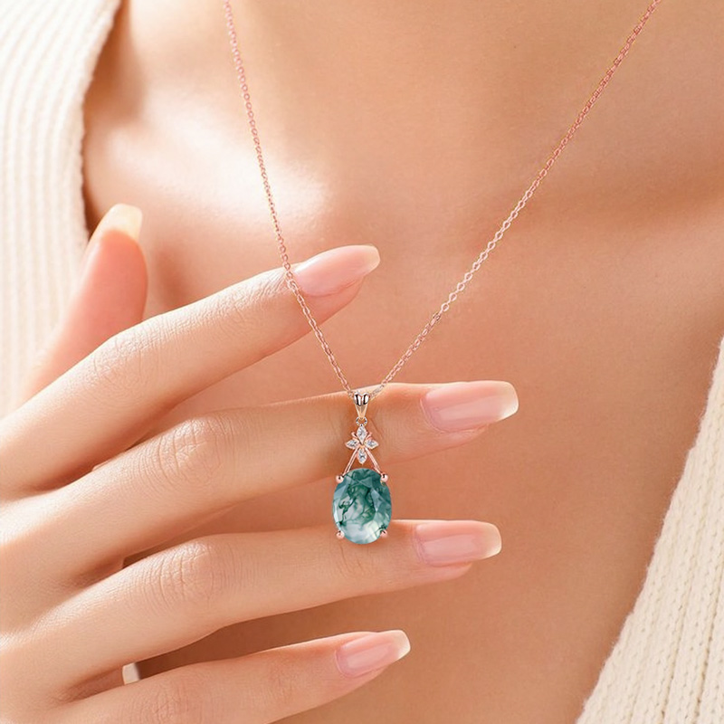 1.52CT Oval Cut Moss Agate With Criss Cross Moissanite S925 Silver Pendant Necklace