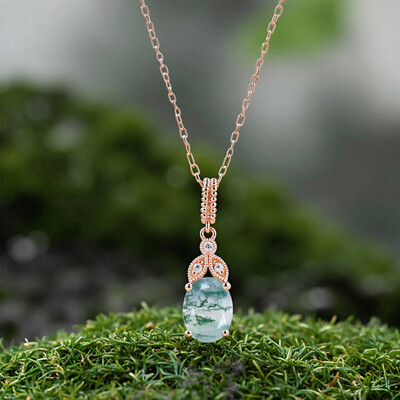 1.56CT Oval Cut Moss Agate & Round Cut Moissanite S925 Silver Pendant Necklace