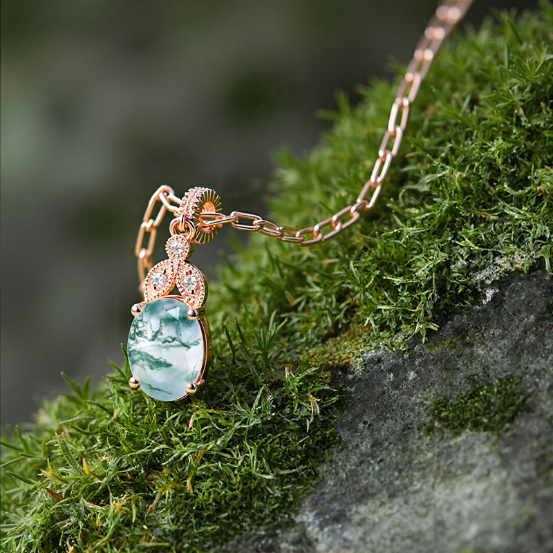 1.56CT Oval Cut Moss Agate & Round Cut Moissanite S925 Silver Pendant Necklace