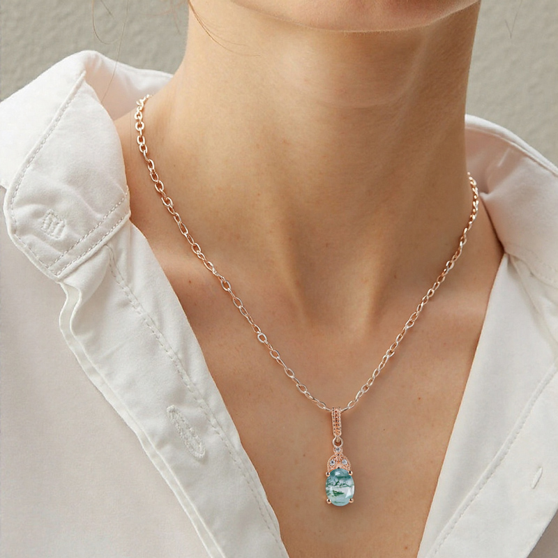1.56CT Oval Cut Moss Agate & Round Cut Moissanite S925 Silver Pendant Necklace