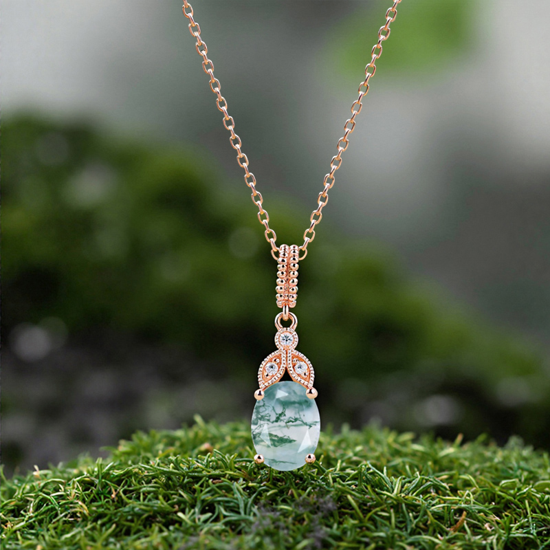 1.56CT Oval Cut Moss Agate & Round Cut Moissanite S925 Silver Pendant Necklace