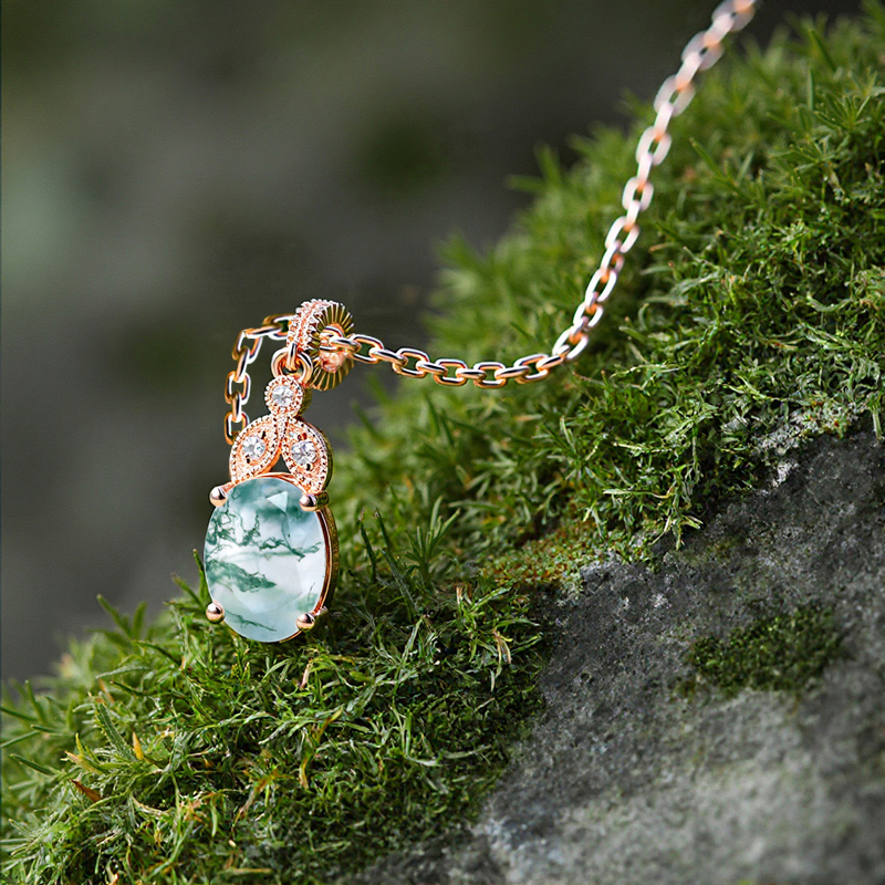 1.56CT Oval Cut Moss Agate & Round Cut Moissanite S925 Silver Pendant Necklace